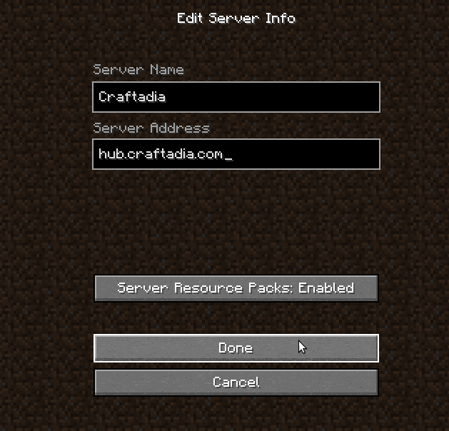 The Add Server dialog with the address and resource pack setting